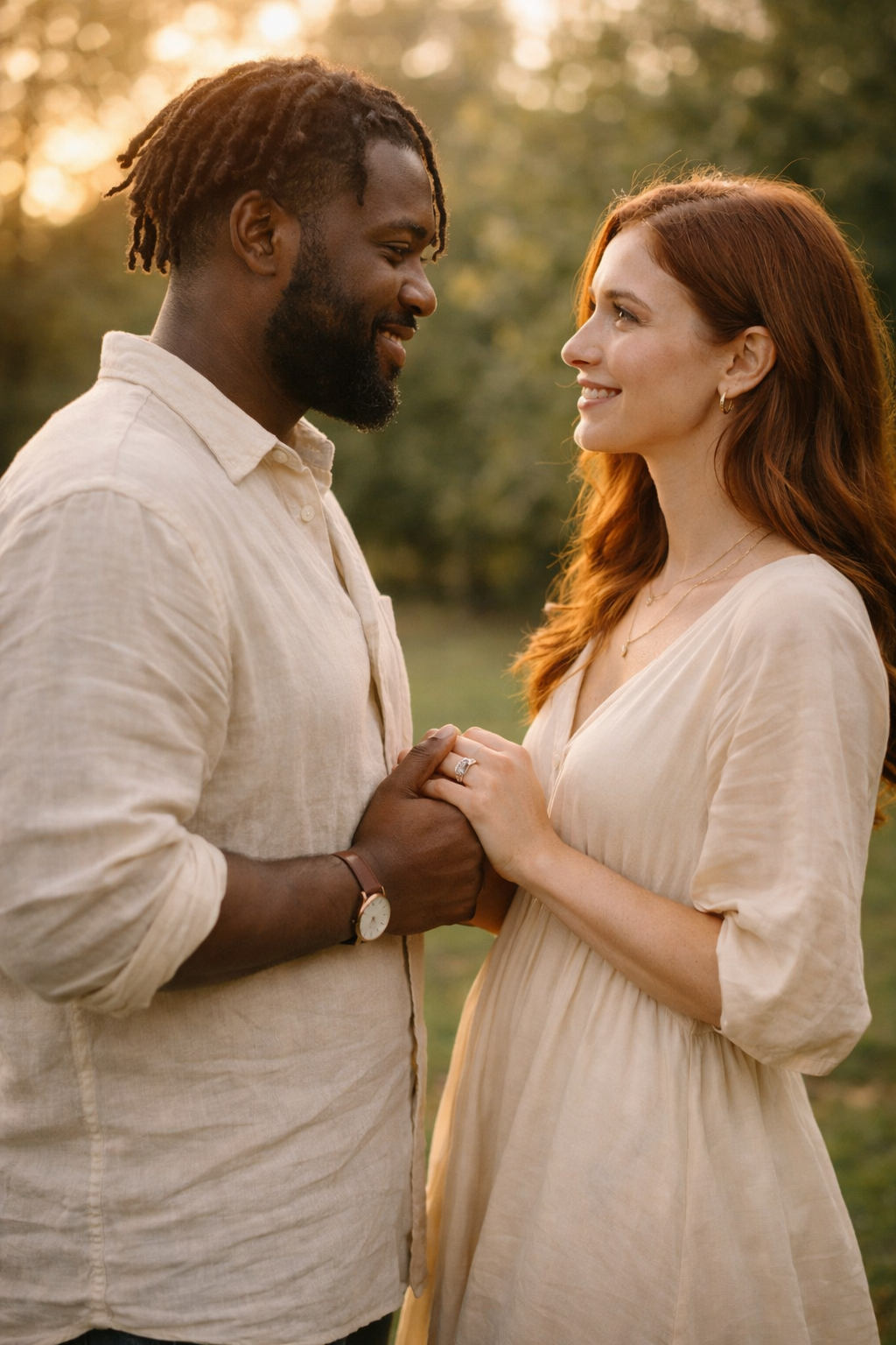Interracial couple holding hands and facing each other at golden hour in an Atlanta park, wedding rings visible