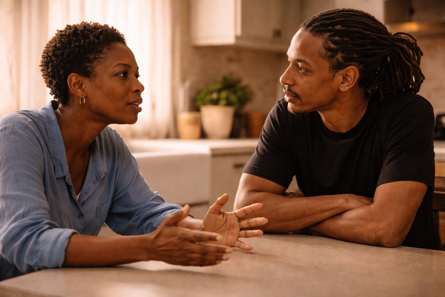 Close-up of interracial couple's hands with wedding rings resting together on a warm wood surface