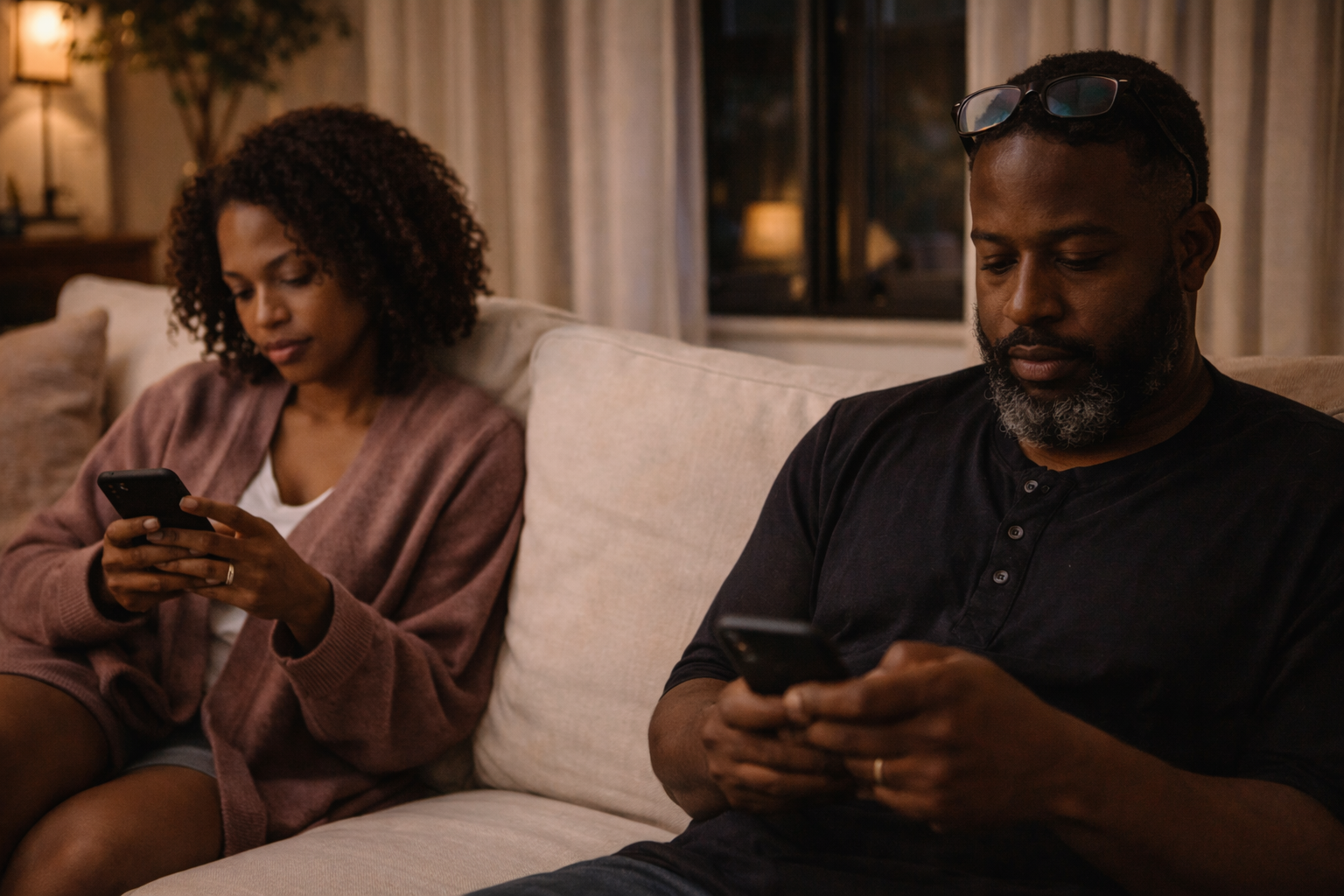 Couple sitting apart on a couch, both on their phones, disconnected