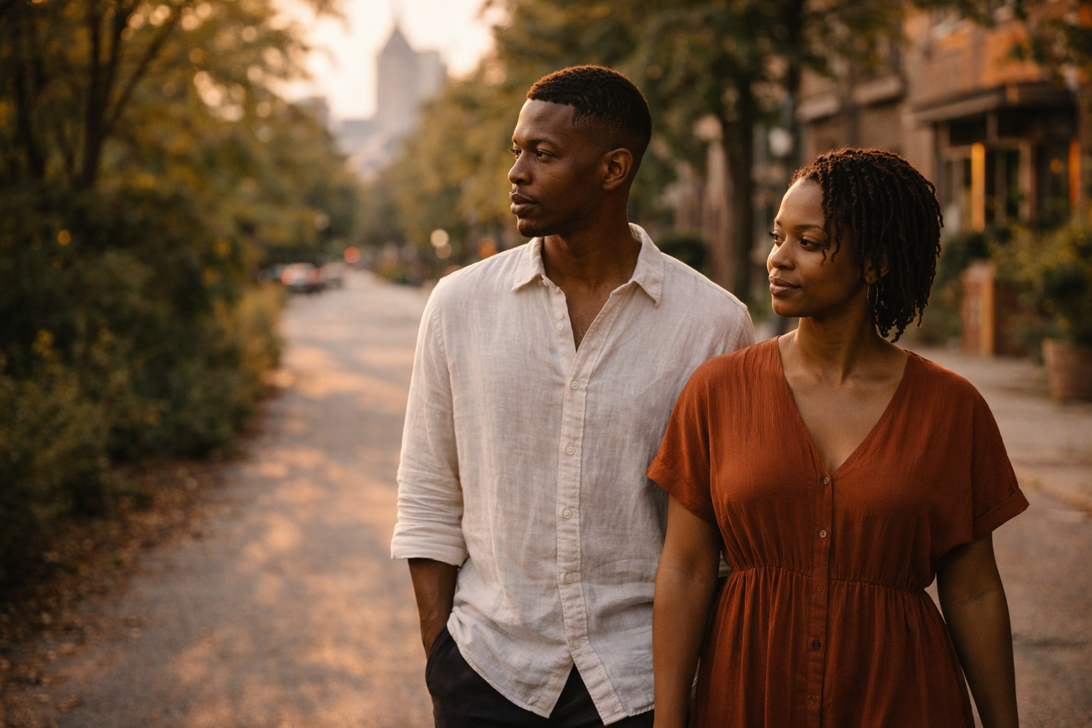Atlanta couple sitting quietly on porch steps, a moment of distance before seeking help