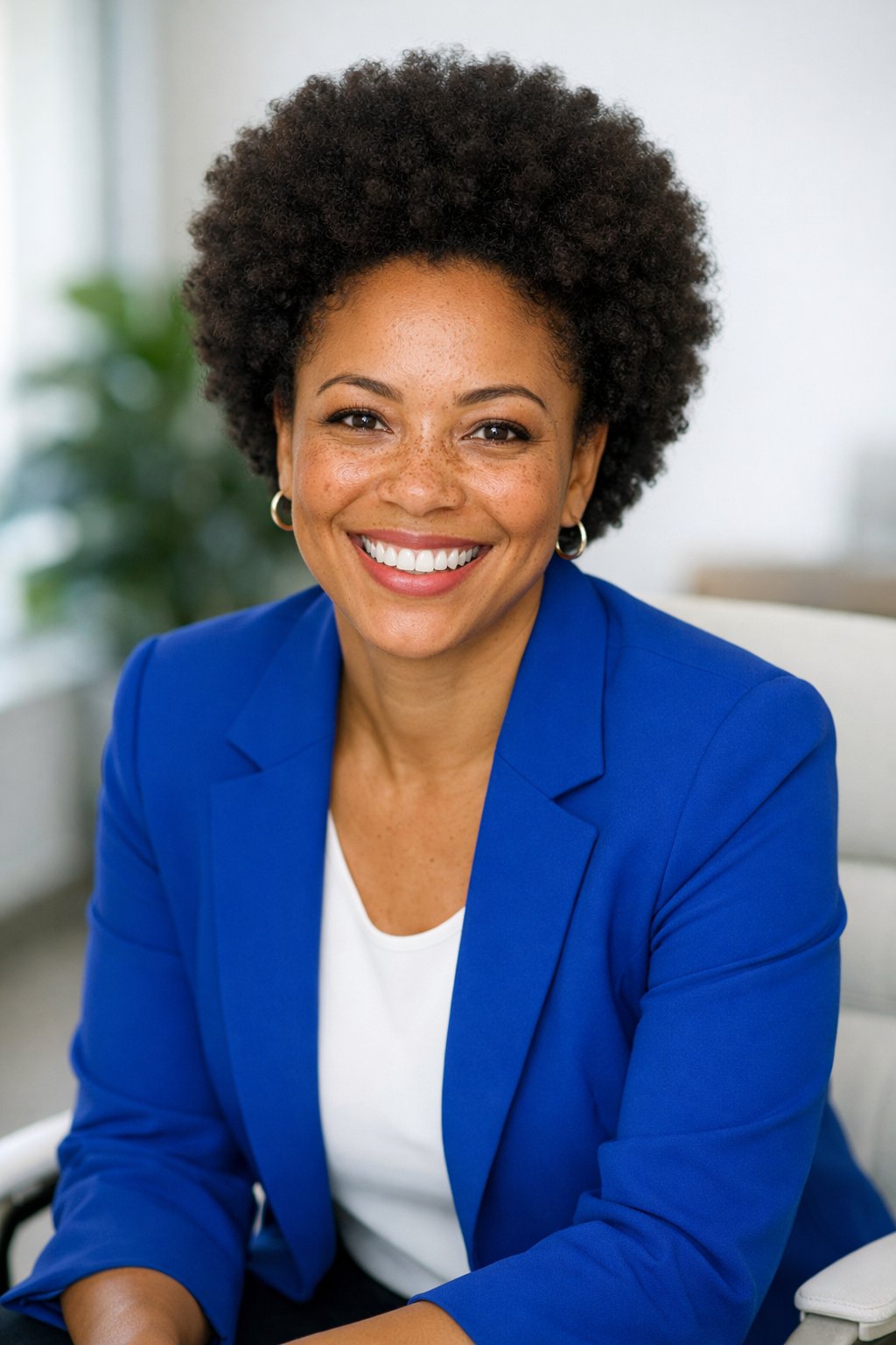 Warm professional Black woman therapist with natural afro and cobalt blazer, smiling warmly in a bright office