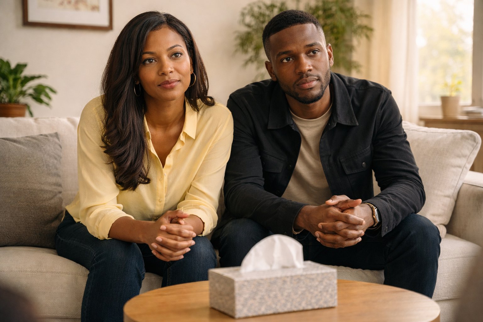 Black couple sitting together on a therapy office couch, engaged and hopeful in their first session