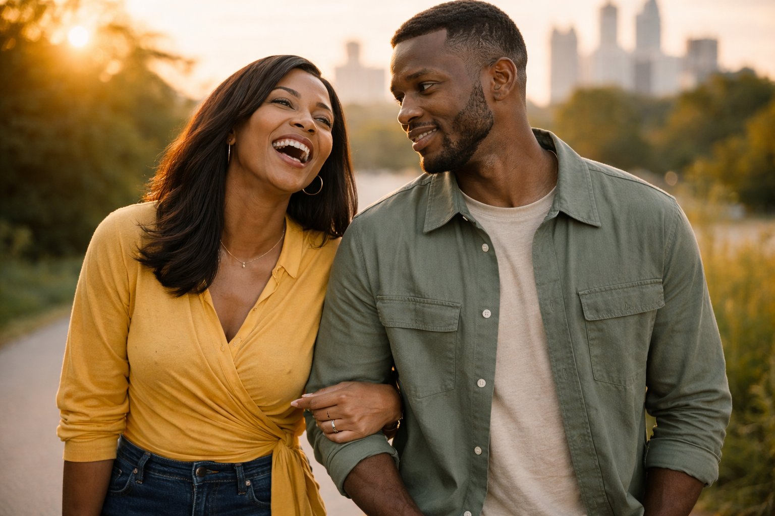 Black couple laughing together while walking in an Atlanta park at golden hour — the progress couples work toward