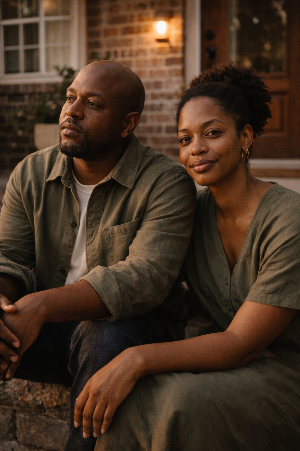 Black couple sitting on front porch steps at golden hour, one looking away, quiet emotional distance