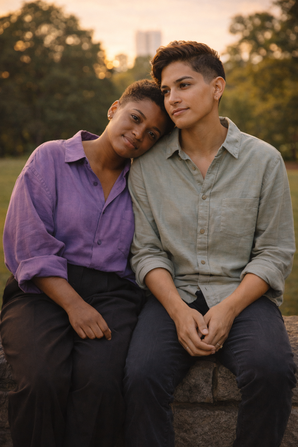 Queer couple sitting close together in an Atlanta park at golden hour