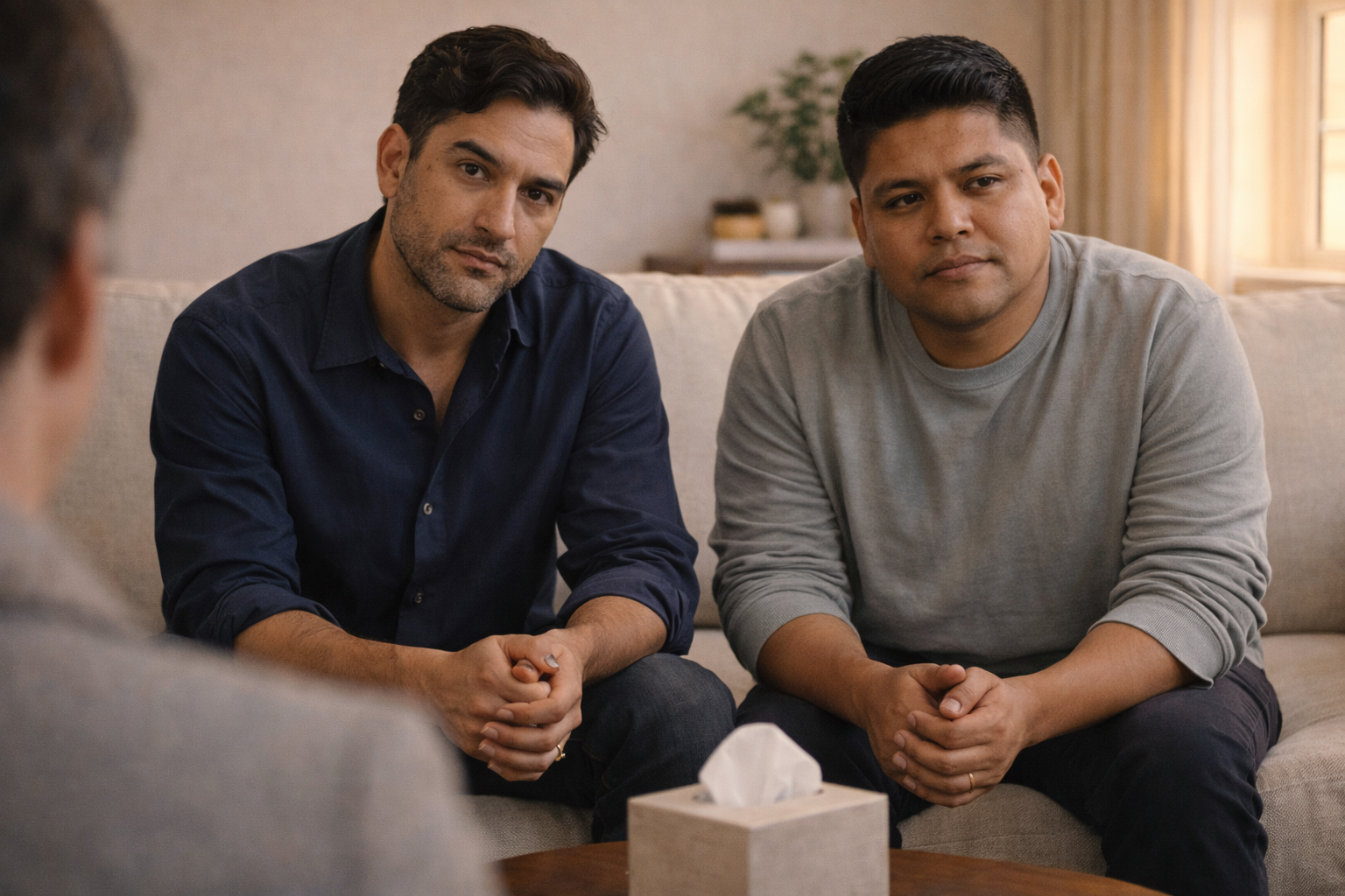 Latino gay couple in a therapy session, both sitting forward attentively, tissue box between them — ATL Marriage Counseling LGBTQ affirming care