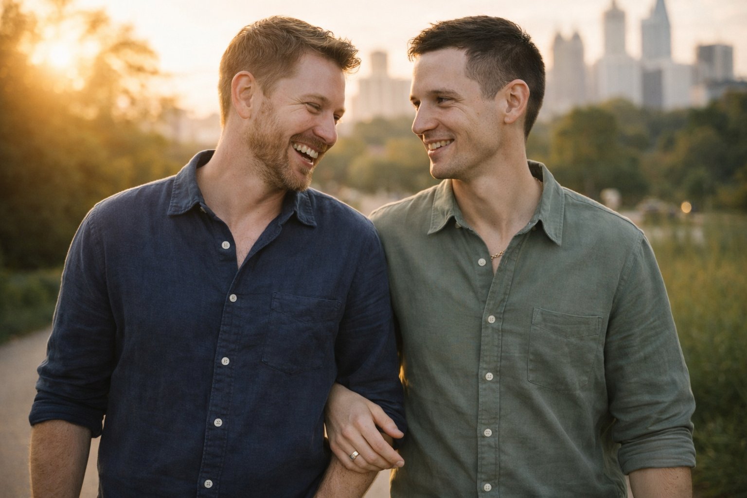 Two men in a therapy session with a counselor, tissue box on the table