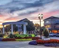 Smyrna Market Village shops and restaurants at sunset