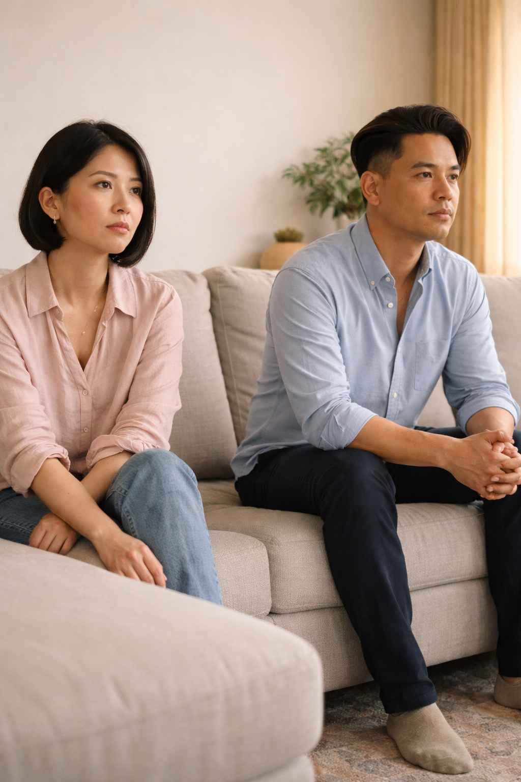 Couple sitting apart on the same couch with space between them, both looking forward with quiet resigned expressions, wedding rings visible
