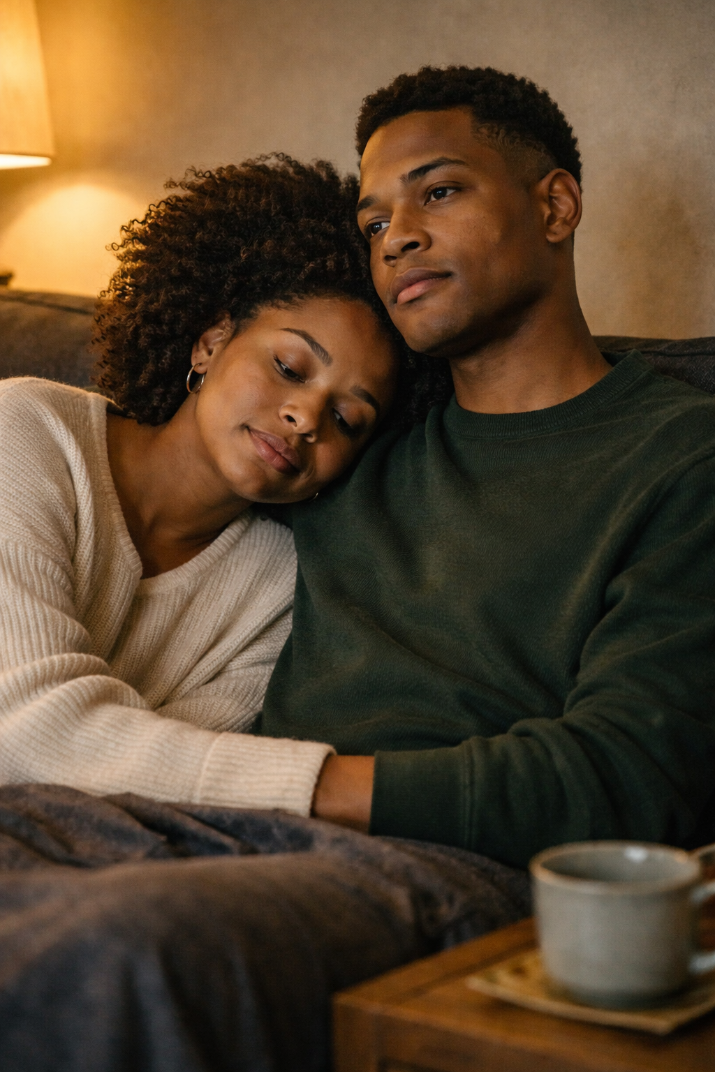 Woman resting her head on her partner's shoulder on a couch, his eyes looking somewhere distant with a quiet internal expression