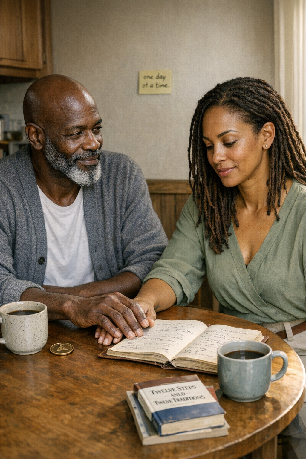 Couple in recovery sitting at a kitchen table with a twelve steps book and sobriety chip, a sticky note reading one day at a time on the wall