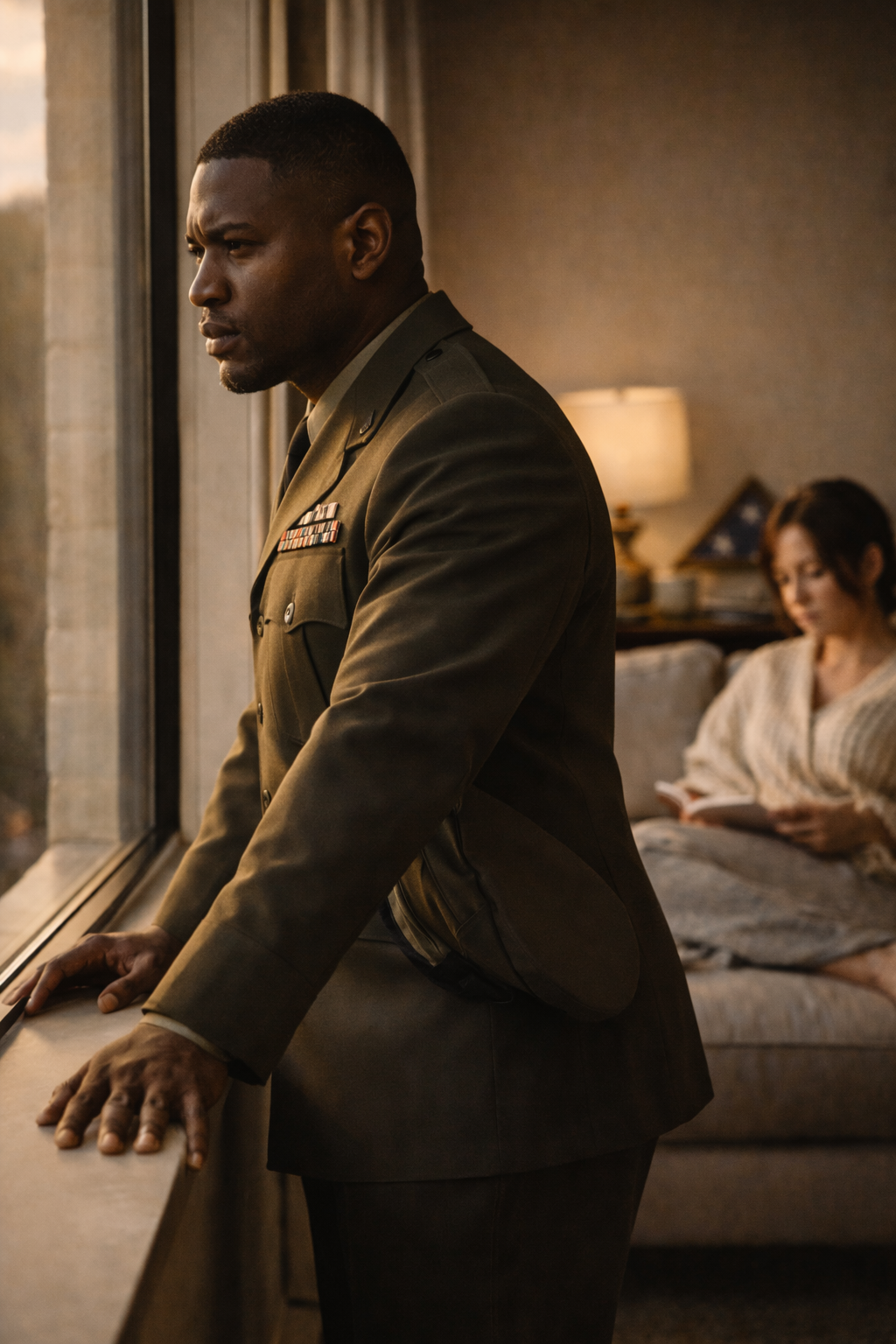 Black military officer in uniform standing at a window looking distant, wife reading on the couch behind him